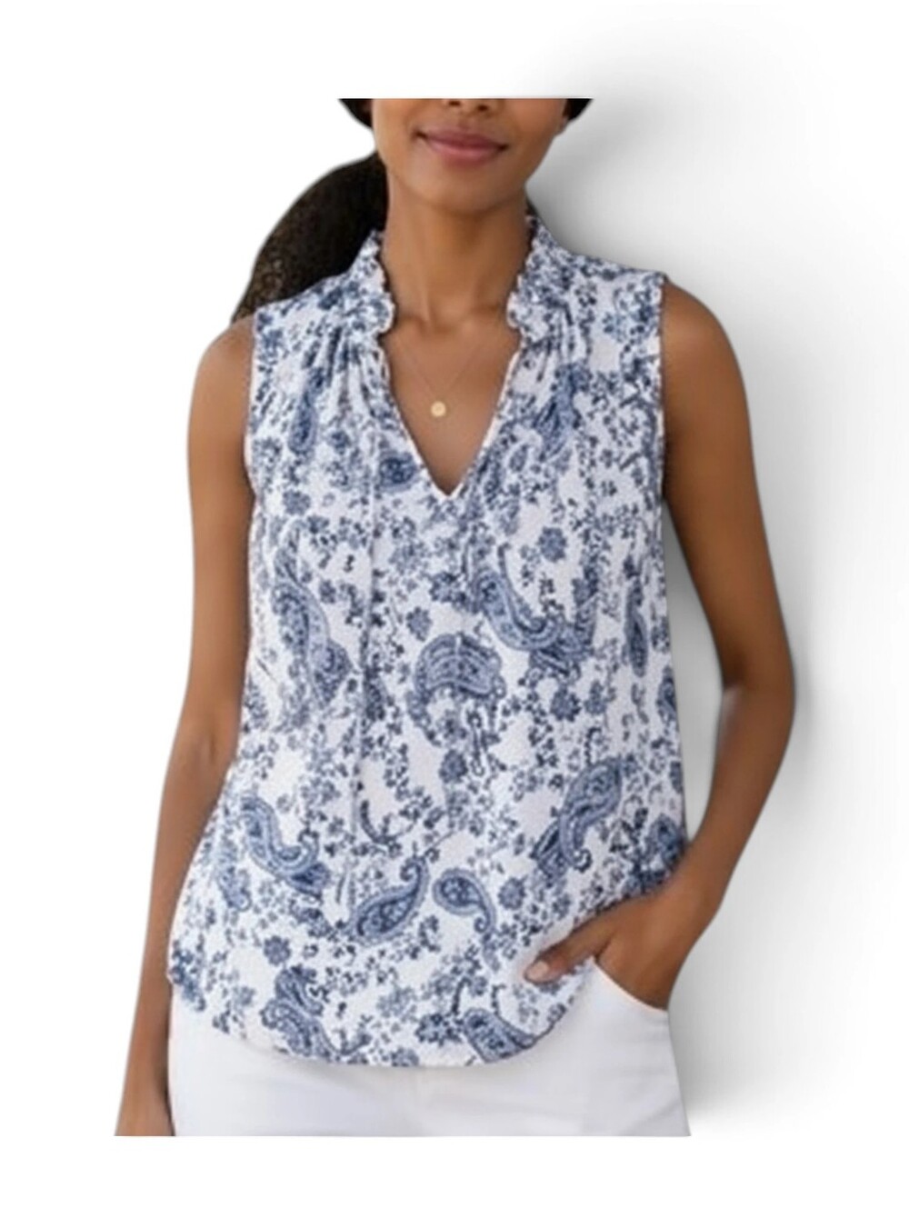 Melloday Paisley Print Sleeveless Top Blue & White Womens XL - Ruffled Tie-neck